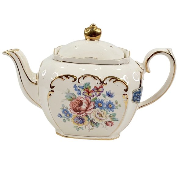 Vintage Sadler England Cube Teapot Ivory Pink Rose Gold Gilt Trim Label 2997 - Picture 1 of 12